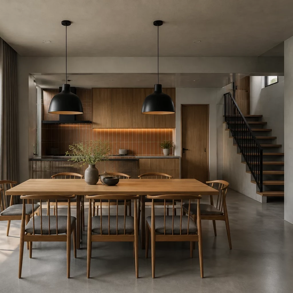 Trần gỗ lộ xà, sofa vải be, bàn trà đen với đèn hộc ấm áp trong không gian trang trí nội thất hiện đại.