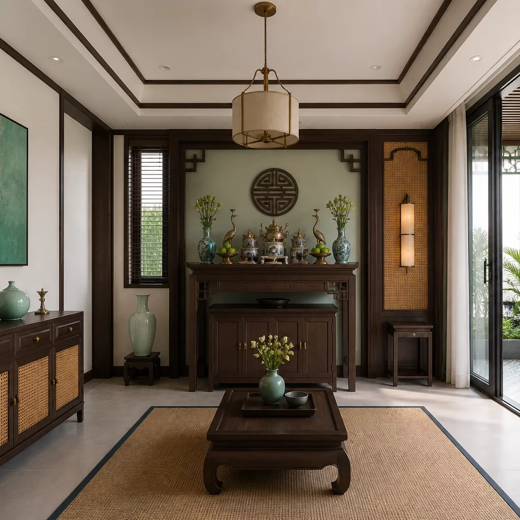 Trang trí nội thất sân thượng với đèn chùm pha lê, bàn đá cẩm thạch và hoa hồng rực rỡ.