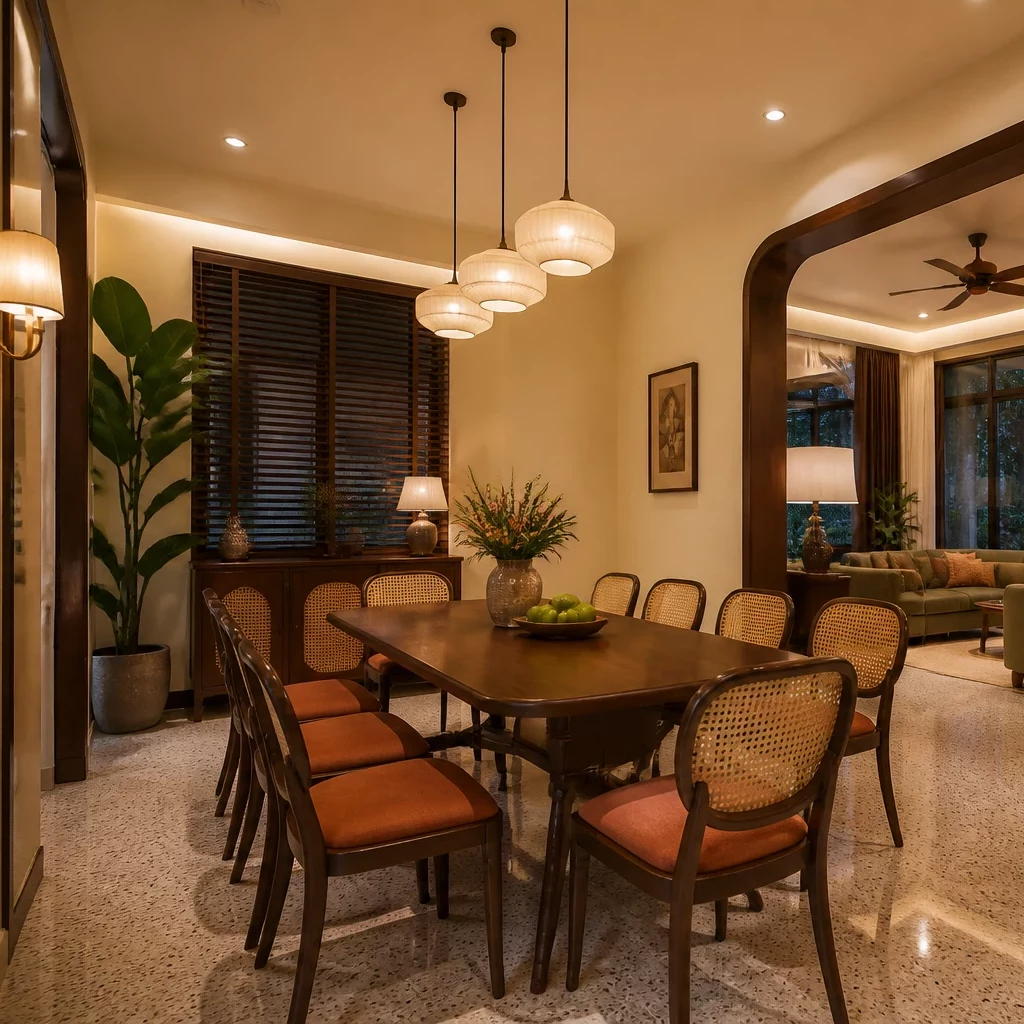 Trang trí nội thất phòng ăn hiện đại với tủ kính và bàn gỗ.