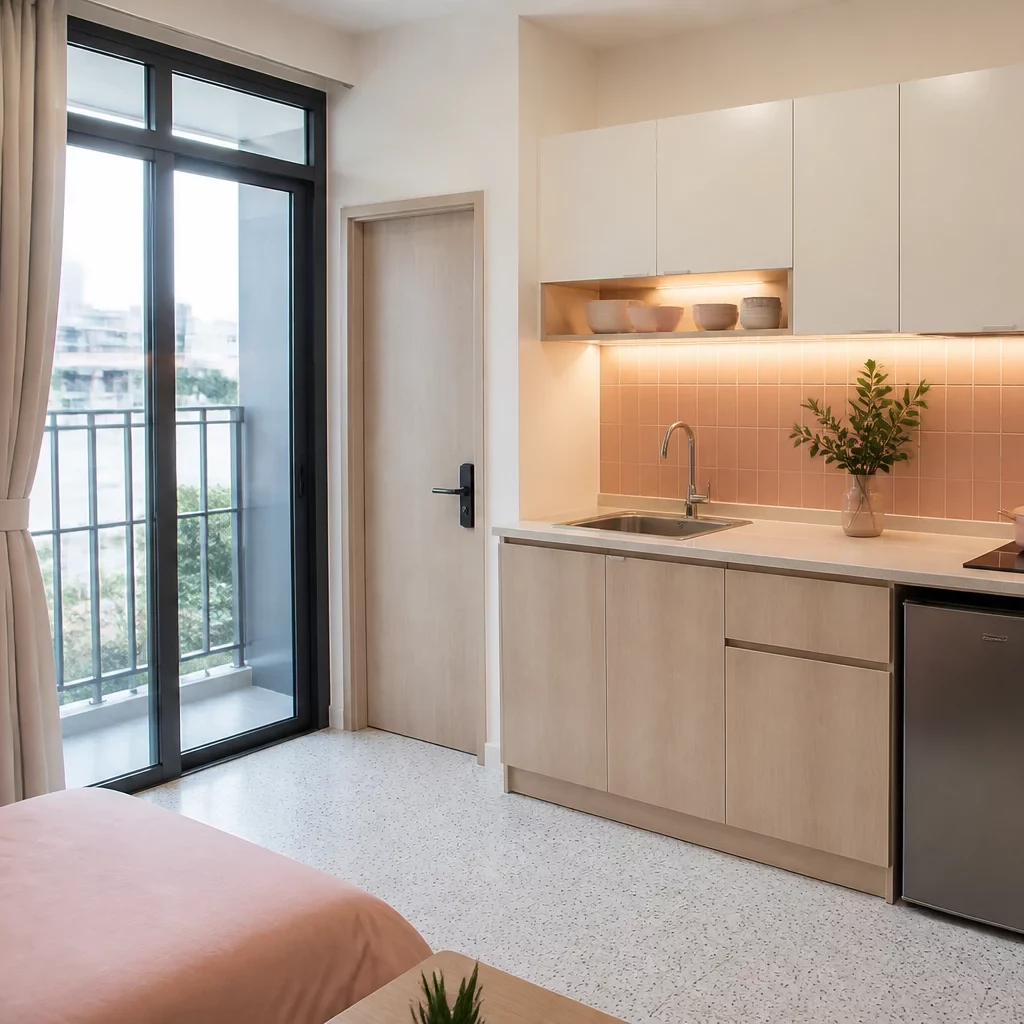 Trang trí nội thất phòng bếp hiện đại với đảo bếp đá cẩm thạch.