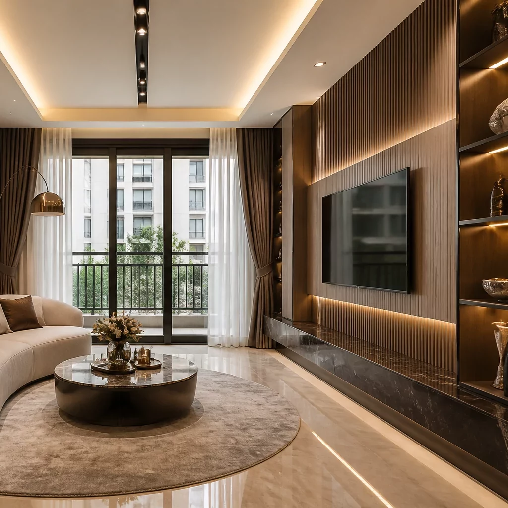 Trang trí nội thất phòng khách sang trọng với đèn pha lê và sofa trắng.
