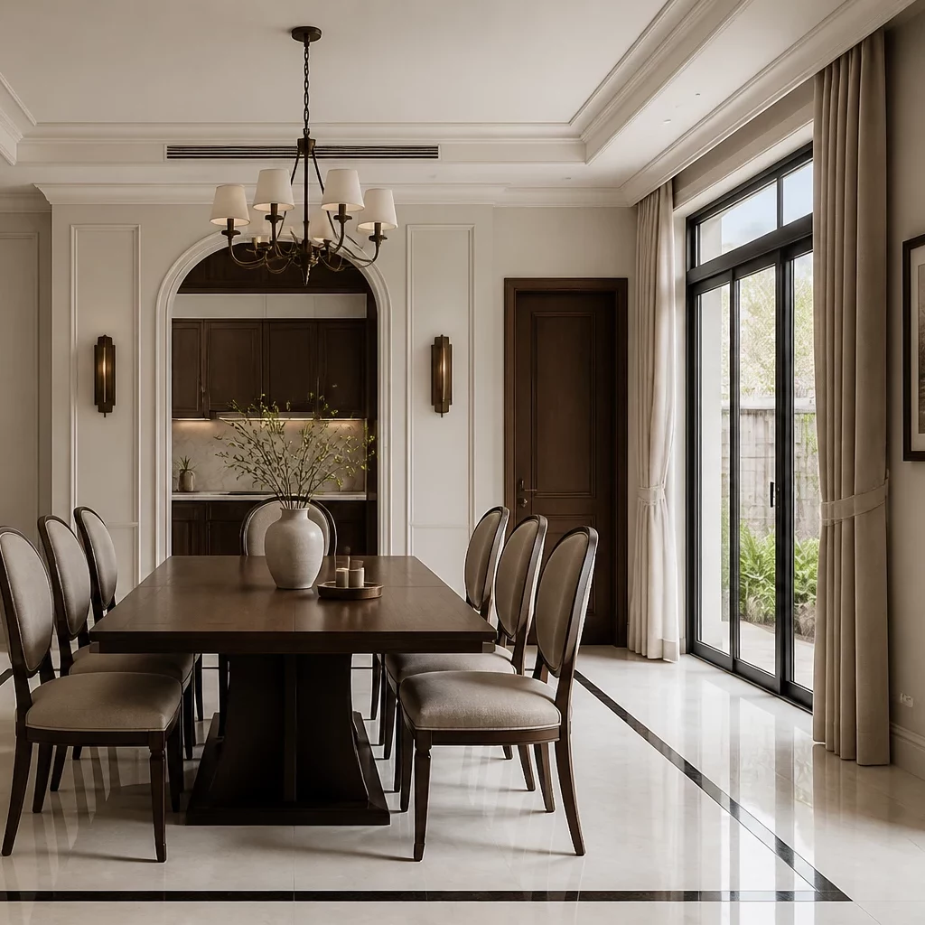 Trang trí nội thất: rèm đỏ, sofa kem, đèn chùm pha lê trong phòng cổ điển.