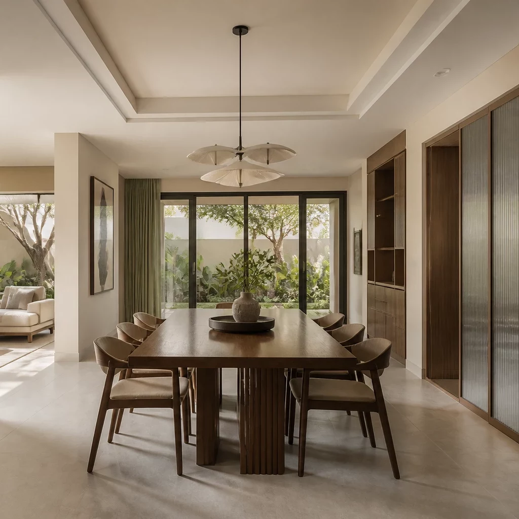 Trang trí nội thất hiện đại với sofa be, gỗ ốp tường và đèn đen.