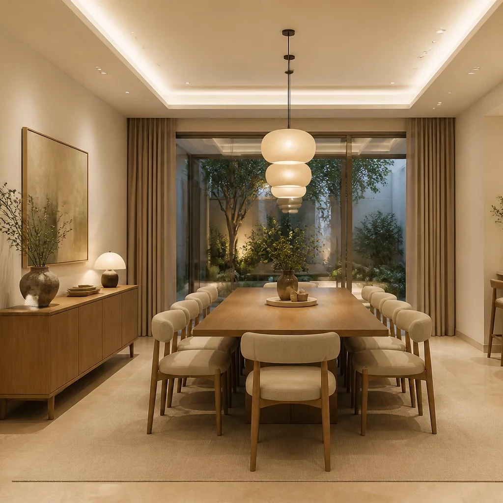 Trang trí nội thất sang trọng với gỗ óc chó, sofa trắng và đèn chùm pha lê.