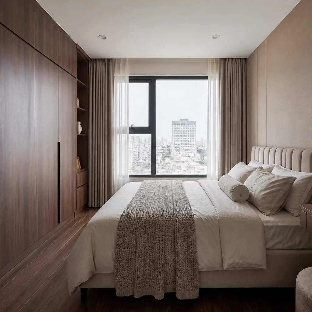 Trang trí nội thất phòng ngủ hiện đại với gỗ, kính và đá cẩm thạch.