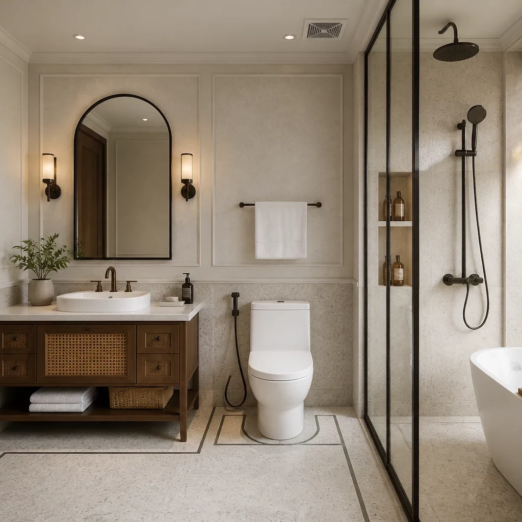 Trang trí nội thất phòng tắm cổ điển với bồn tắm trắng và gạch ốp tường màu sắc.
