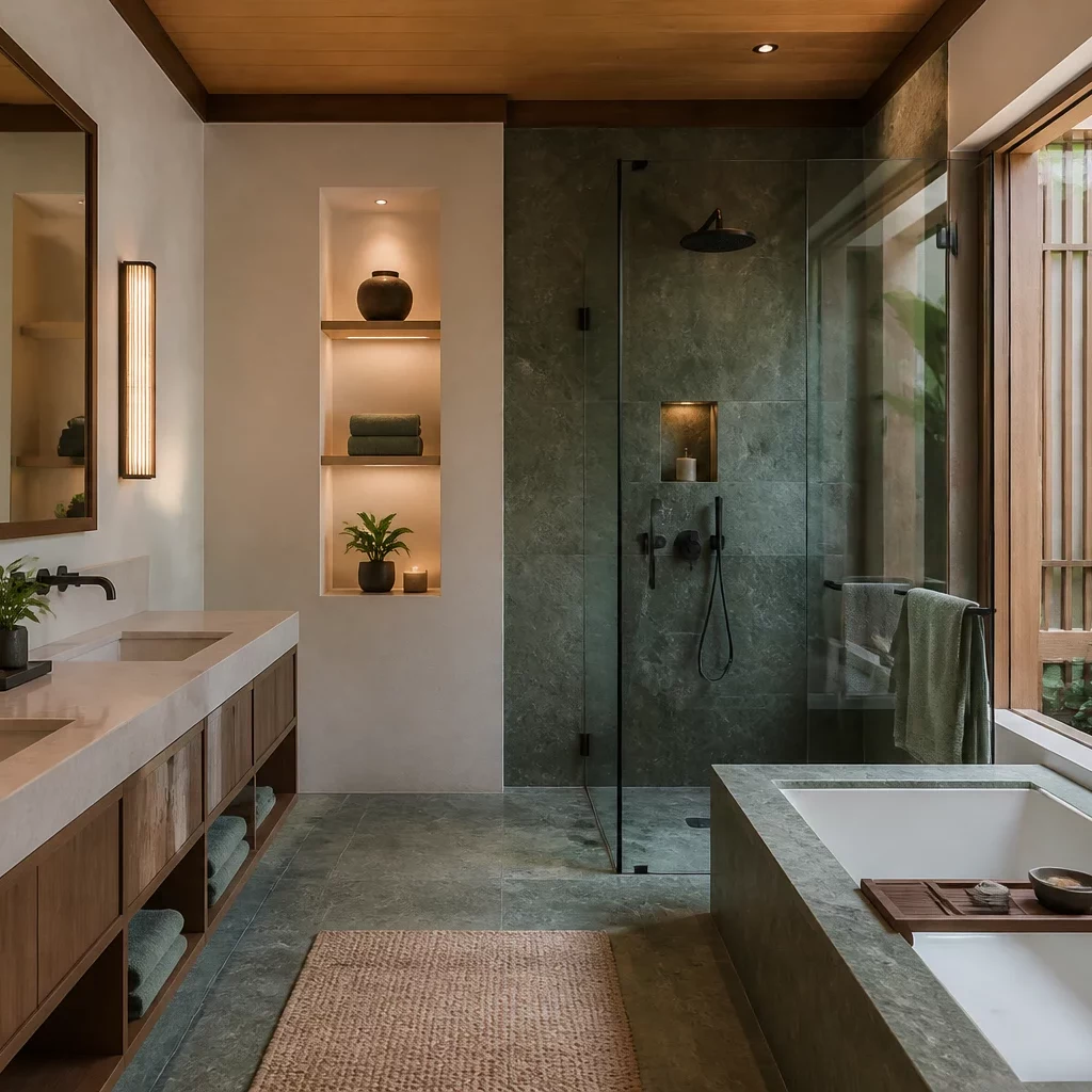 Trang trí nội thất: phòng tắm mở với cây xanh và đá cuội tự nhiên.