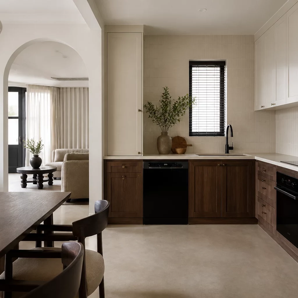 Thi công nội thất bếp chữ L tối giản tiết kiệm diện tích