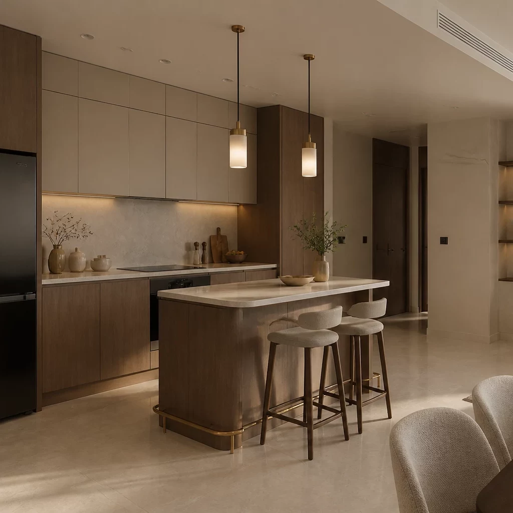 Thi công nội thất bếp đảo mặt đá nhân tạo