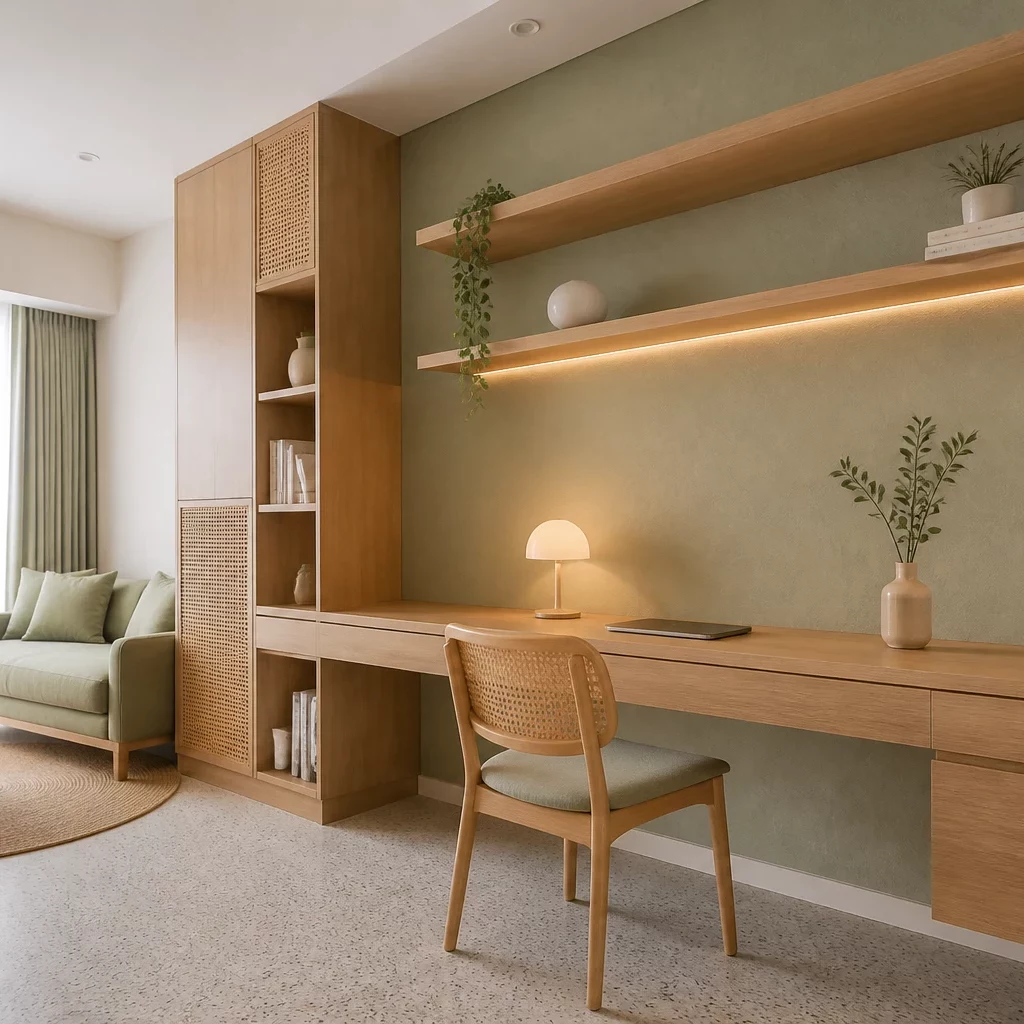 Thi công nội thất góc làm việc gỗ tự nhiên Japandi