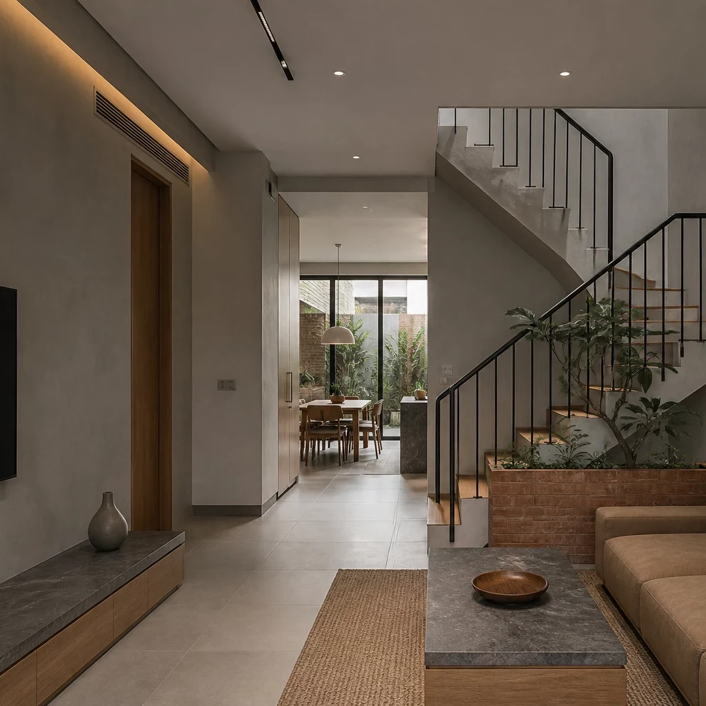Thi công nội thất kính cường lực nhà phố hiện đại