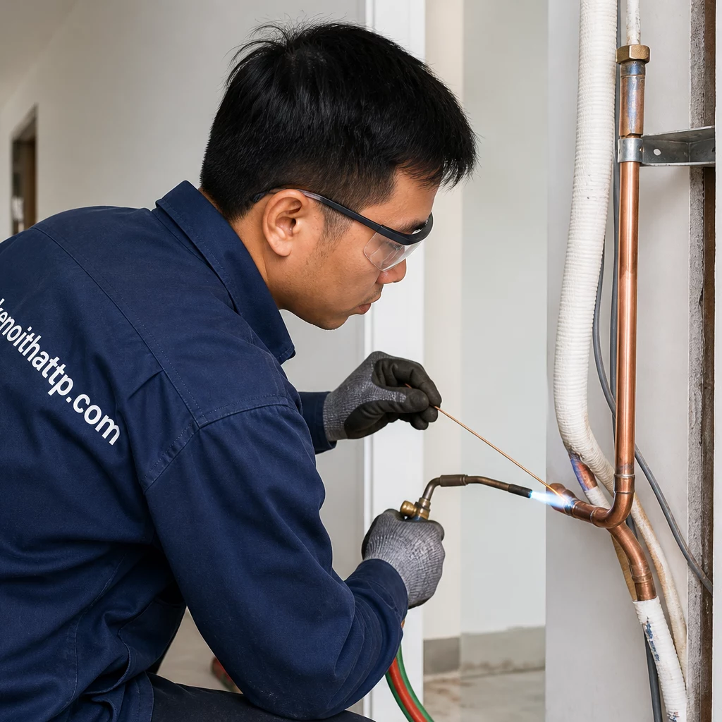 Thi công nội thất đi ống đồng máy lạnh âm tường