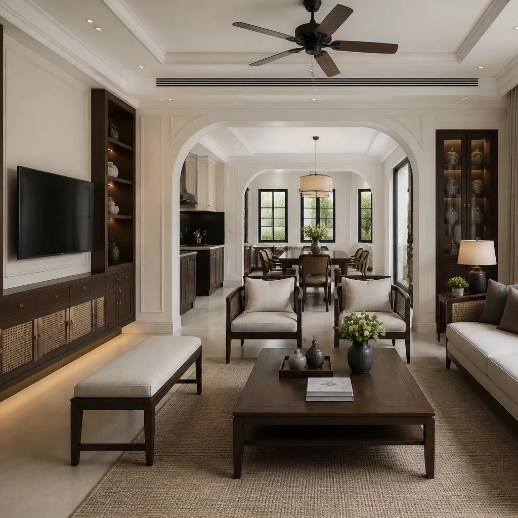 Thi công nội thất phòng khách hiện đại sofa da