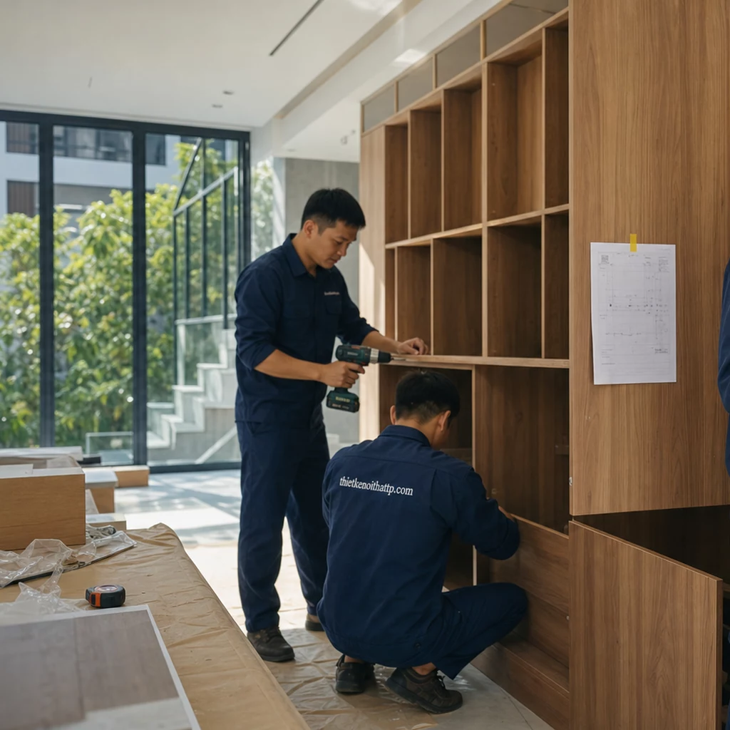 Thi công nội thất trọn gói — thợ mộc lành nghề đóng tủ áo
