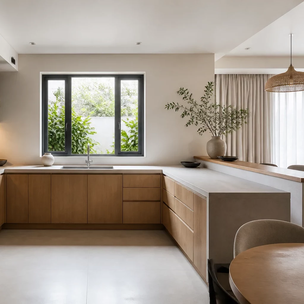 Thi công nội thất tủ bếp chữ L trắng tối ưu