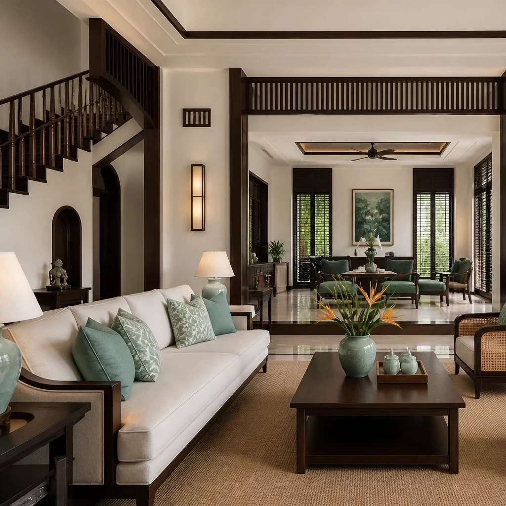 Thiết kế nội thất biệt thự Indochine — phòng khách rộng lớn với quạt trần và gạch bông
