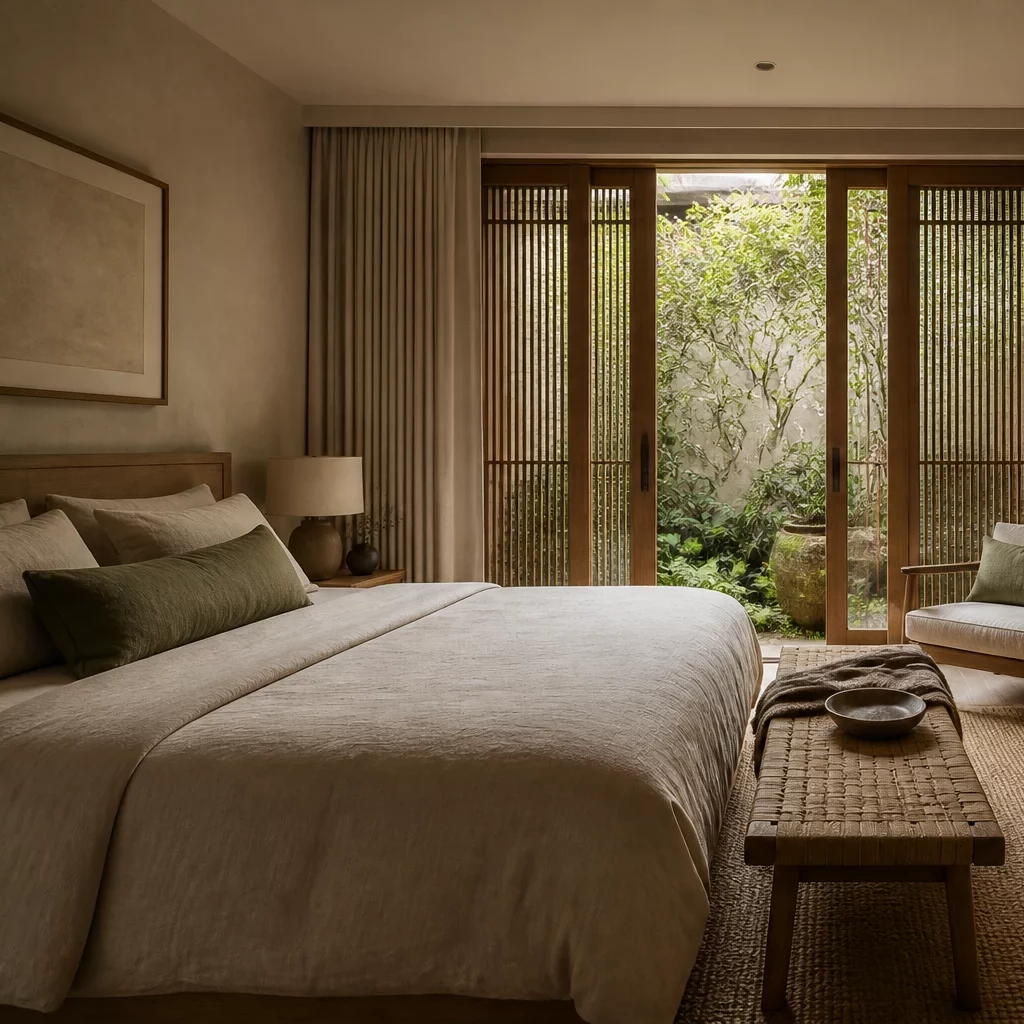Thiết kế nội thất biệt thự — phòng ngủ master phong cách Wabi Sabi với tủ âm tường