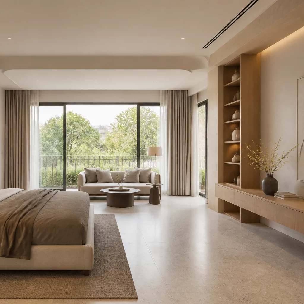 Thiết kế nội thất biệt thự — phòng tắm master với bồn tắm cạnh cửa sổ lớn