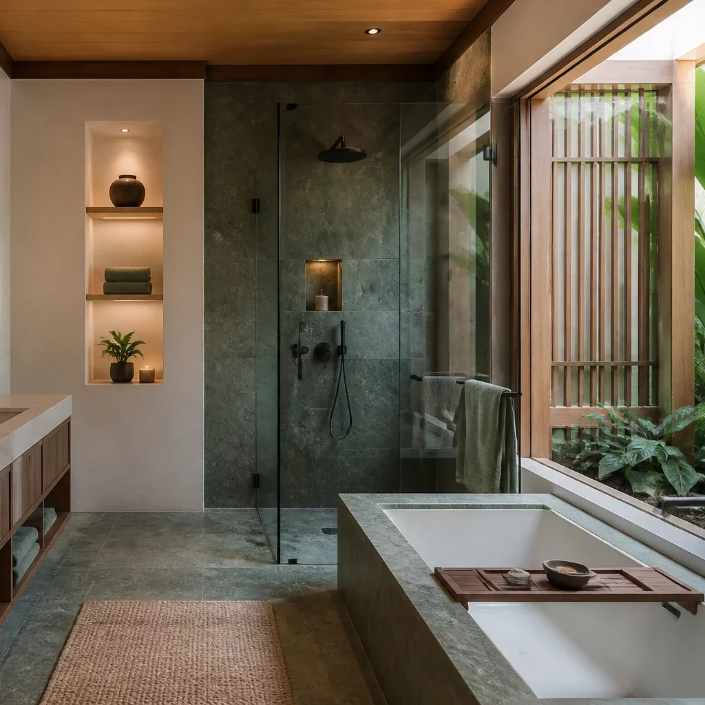 Phòng tắm phong cách Japandi với cây xanh và đá tự nhiên