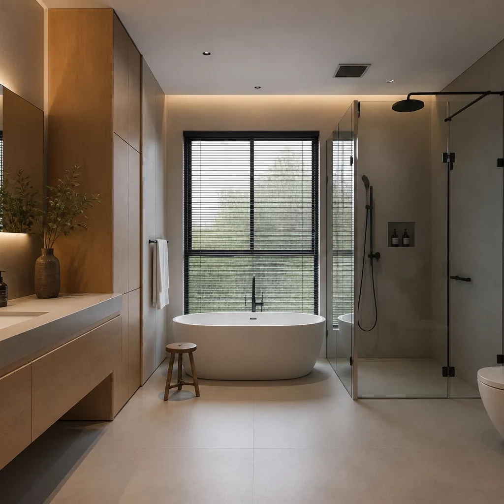 Phòng tắm hiện đại với hệ tủ lavabo lưu trữ thông minh