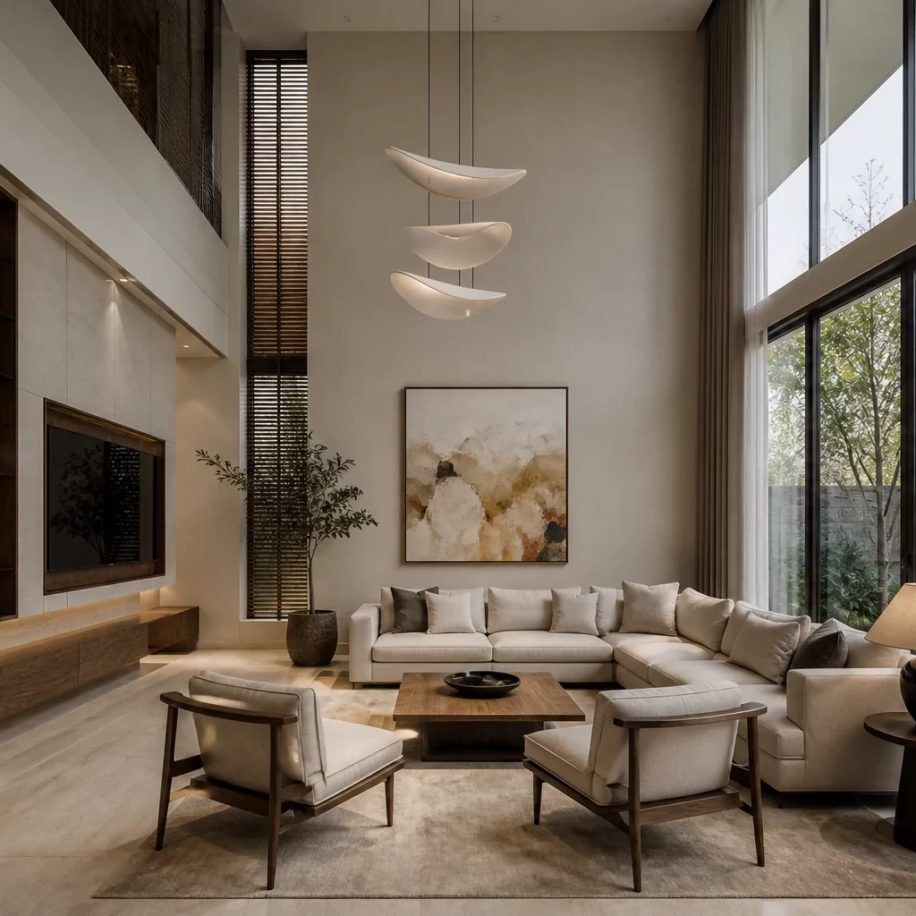Thiết kế biệt thự đẹp — phòng khách kết hợp gỗ óc chó và đá marble cao cấp