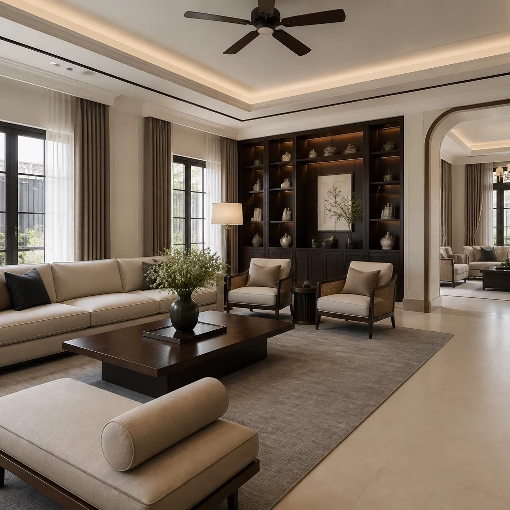 Nội thất biệt thự tân cổ điển — phòng ngủ với giường bọc nhung và đèn chùm
