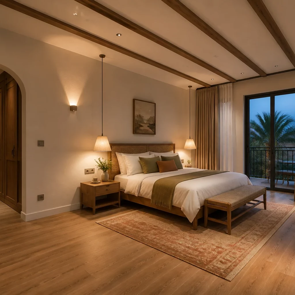 Thiết kế nội thất biệt thự Luxury — phòng ngủ master vách bọc da và chi tiết mạ vàng