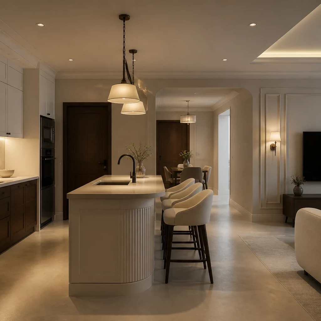 Tủ bếp gỗ ấm áp tích hợp đảo bếp hiện đại tiện nghi