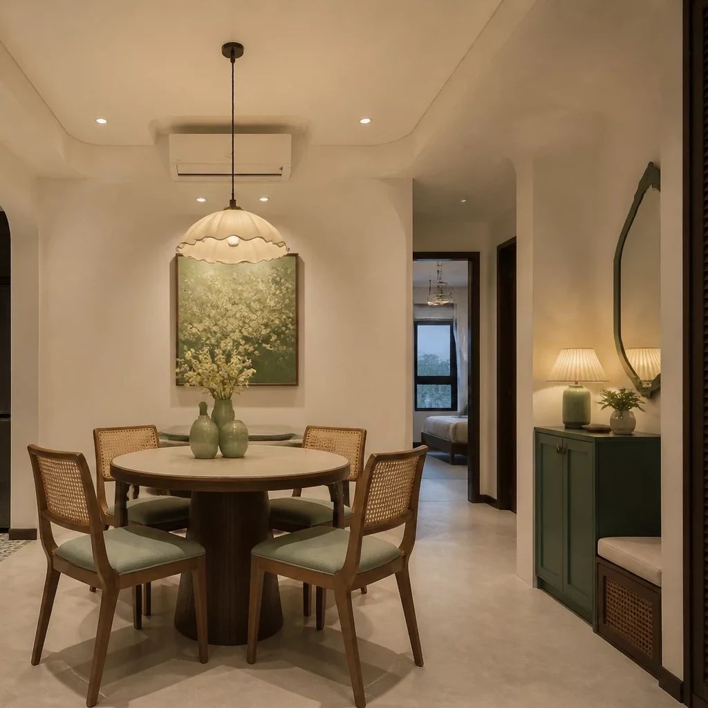 Gian bếp phong cách Indochine với gạch bông và cửa sổ vòm