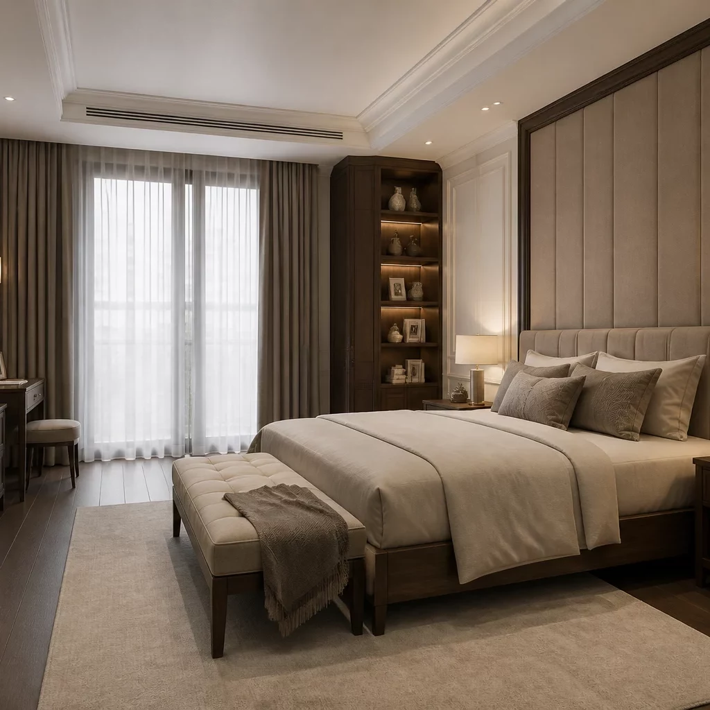 Góc làm việc trong phòng ngủ phong cách Indochine tiết kiệm diện tích