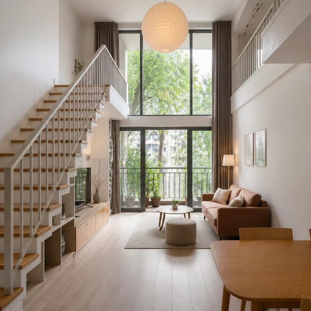 Cầu thang chung cư Duplex hiện đại với lan can kính và bậc gỗ óc chó
