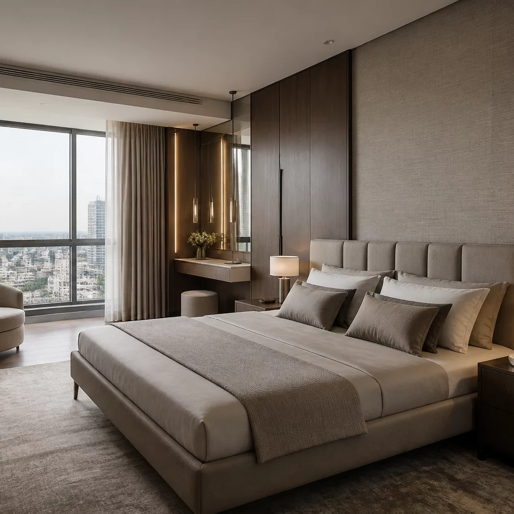 Phòng ngủ master sang trọng phong cách Luxury với vách bọc da