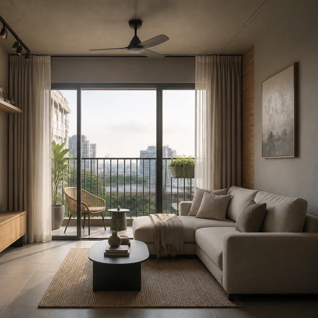 Không gian phòng khách chung cư hiện đại với sofa chữ L và vách đá