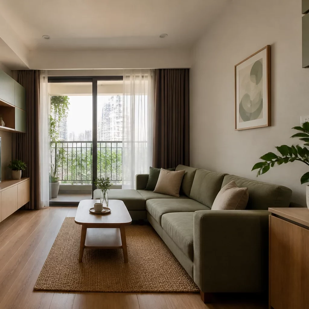 Thiết kế nội thất chung cư hiện đại với sofa nỉ và vách ốp gỗ nan tinh tế