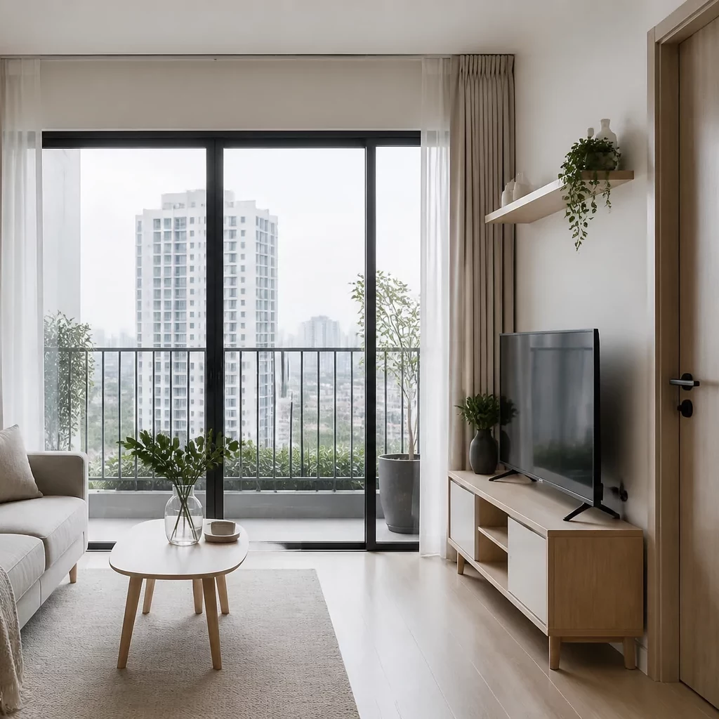 Phòng khách phong cách Bắc Âu Scandinavian với gỗ sồi và cây xanh
