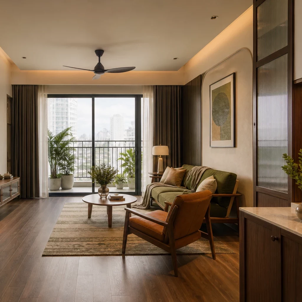 Phòng khách sang trọng với bộ sofa lớn bọc nhung và bàn trà đá