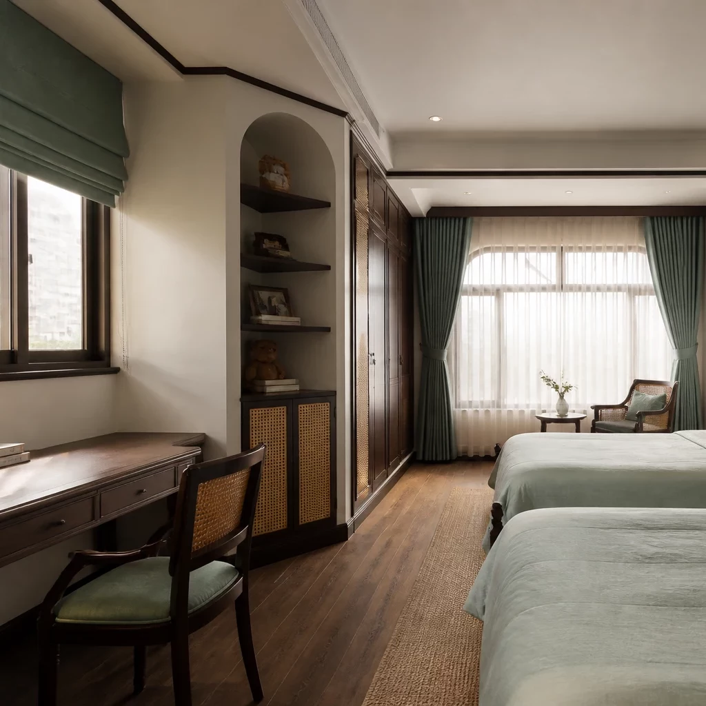 Phòng ngủ Indochine tận dụng ánh sáng tự nhiên từ khung cửa sổ lớn