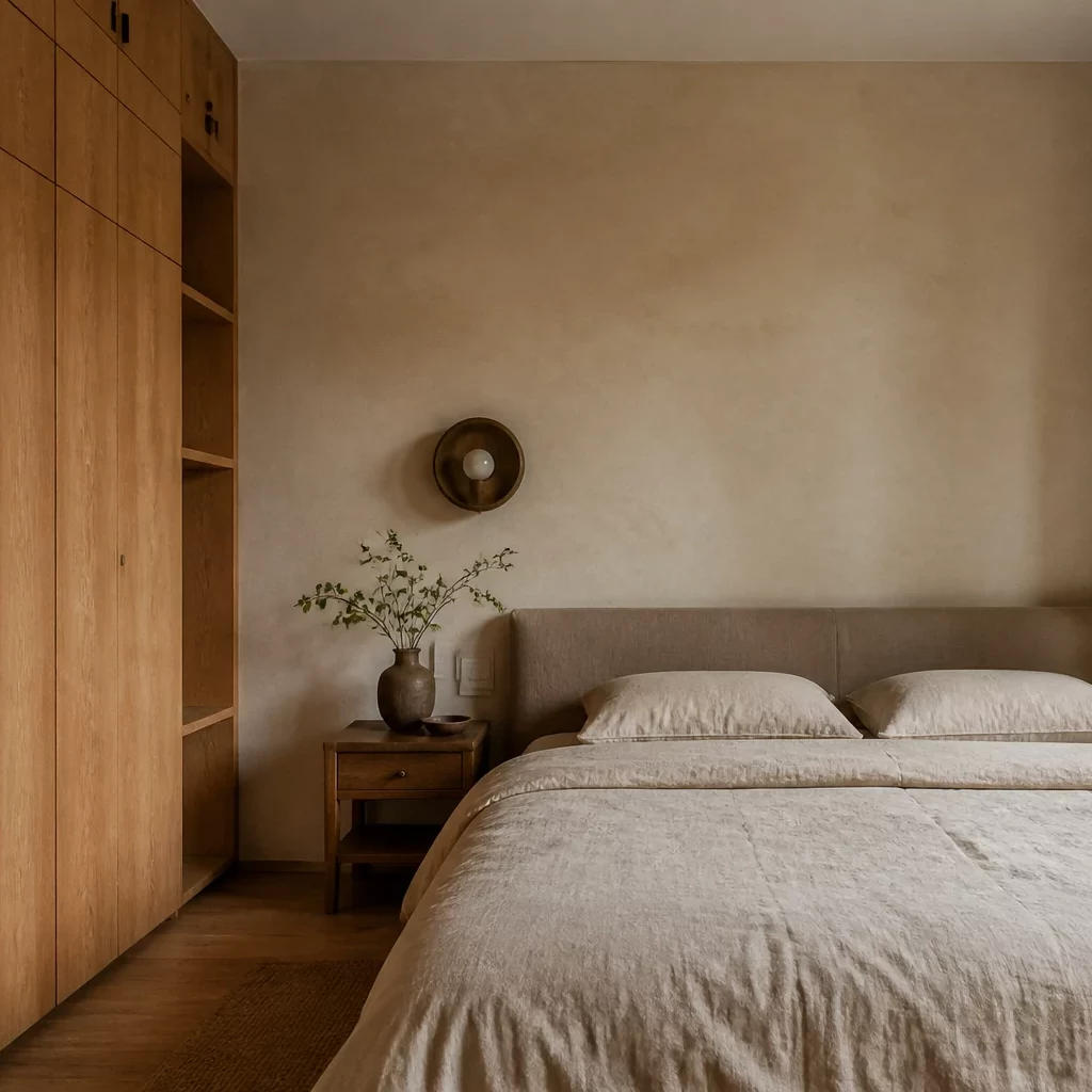 Phòng ngủ chung cư phong cách Wabi-Sabi với vật liệu gỗ tự nhiên và tường hiệu ứng