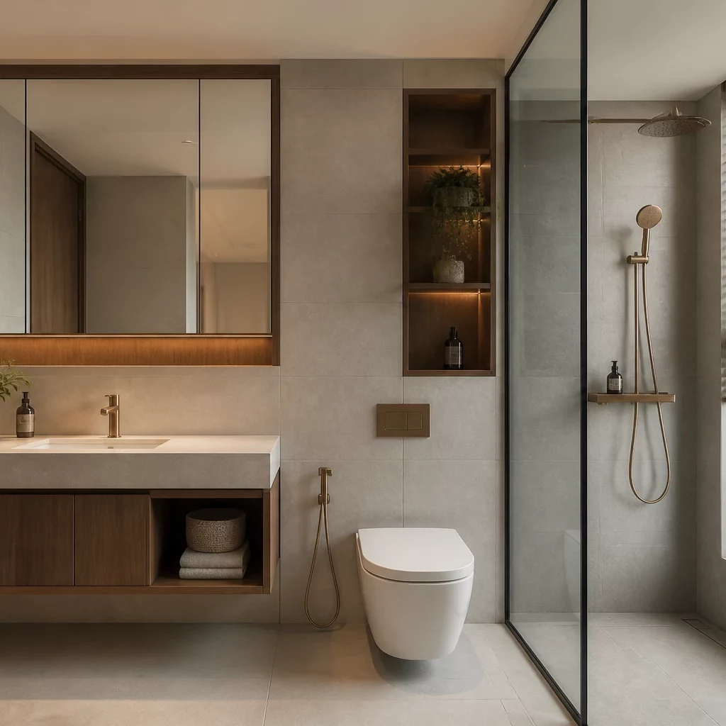 Phòng tắm chung cư sang trọng với vách kính cường lực và đá marble