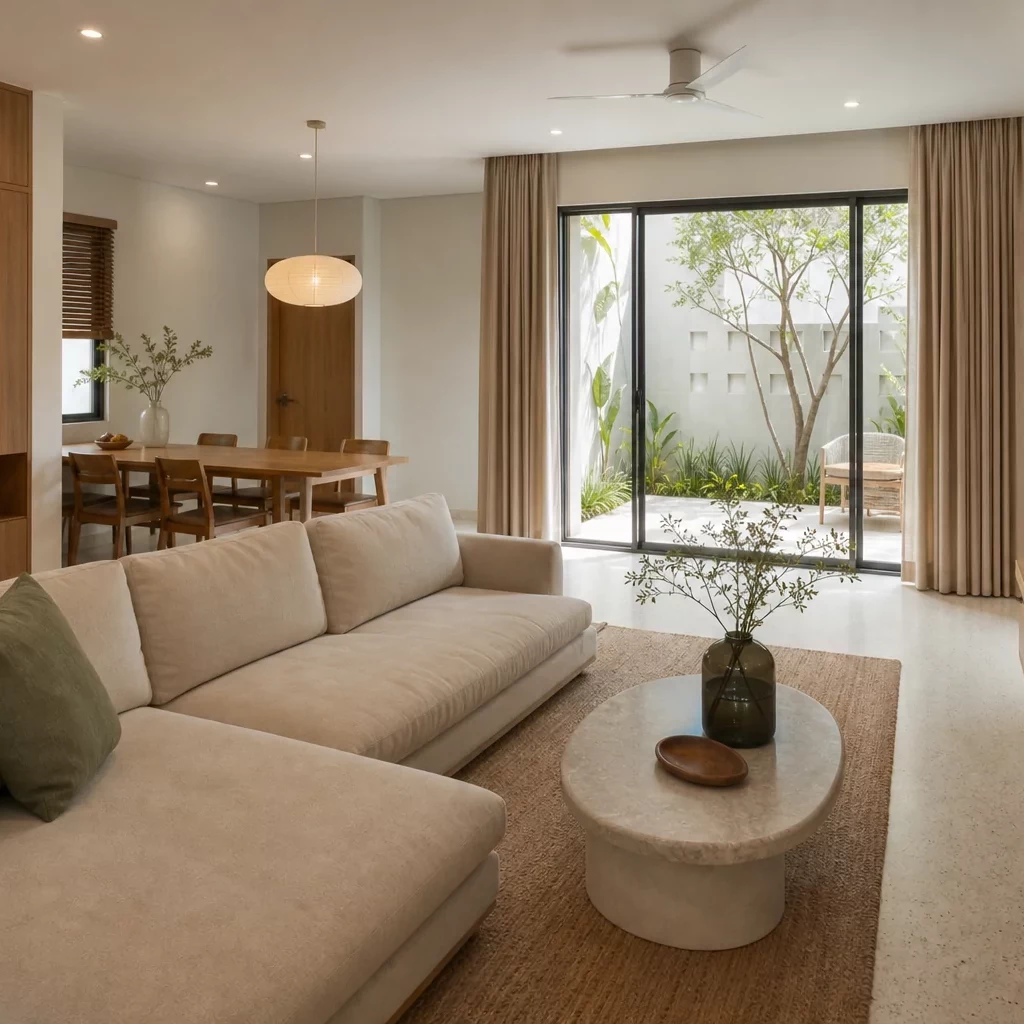Thiết kế bếp hiện đại với tầm nhìn ra sân vườn qua cửa kính