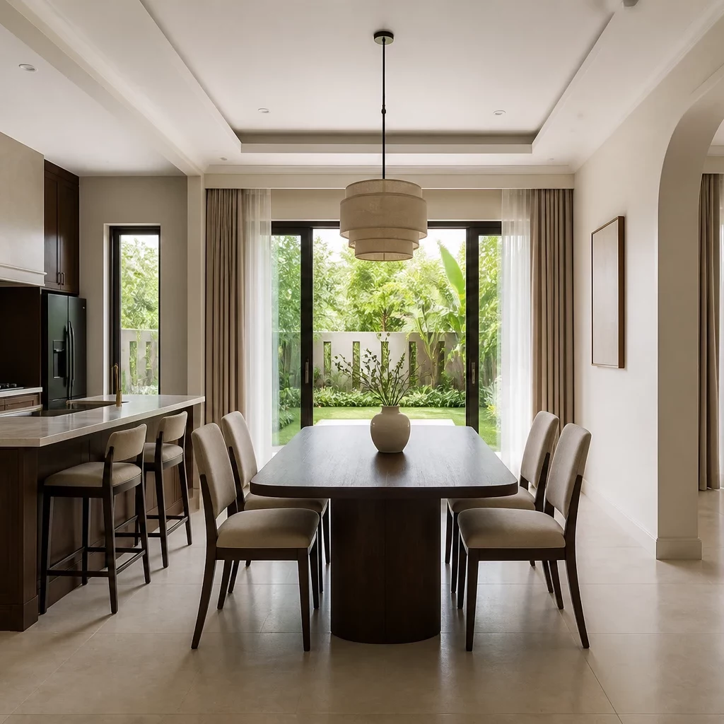 Gian bếp tối giản với khung cửa sổ đón ánh sáng tự nhiên