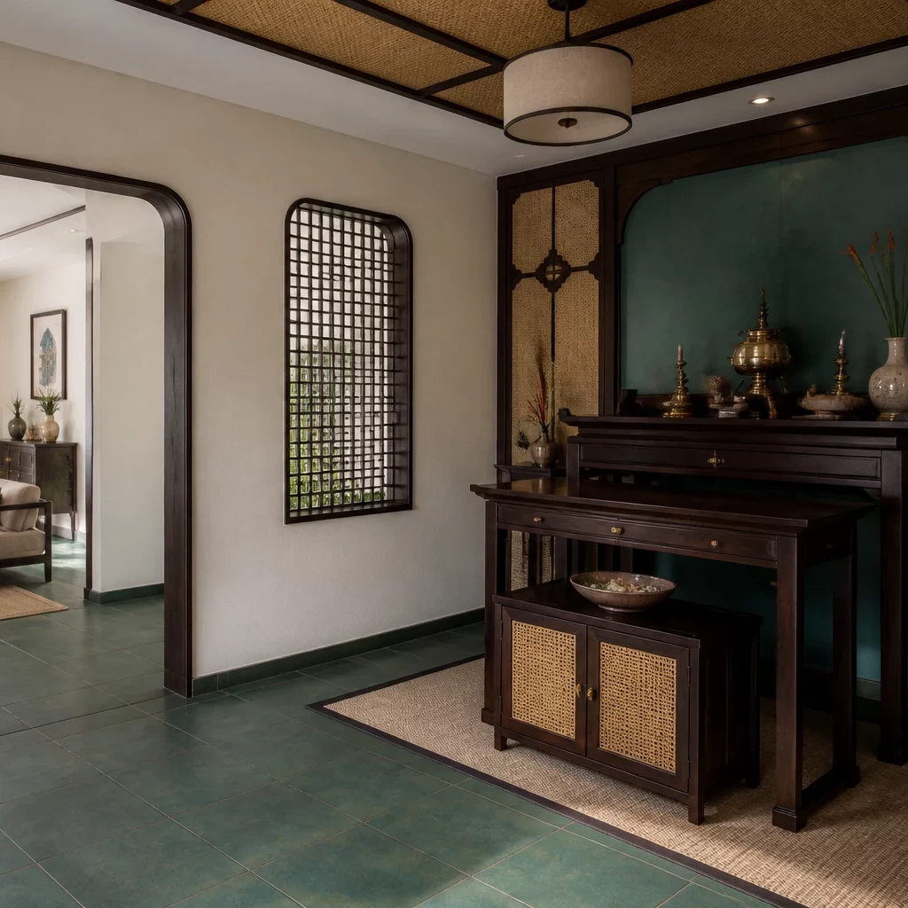 Phòng thờ nhà cấp 4 mang âm hưởng Indochine với bàn thờ gỗ và họa tiết truyền thống