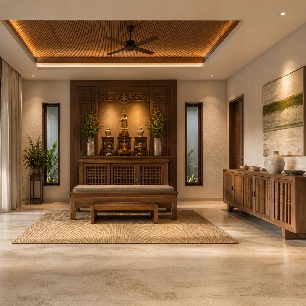 Không gian phòng thờ phong cách tropical ấm cúng trong nhà cấp 4