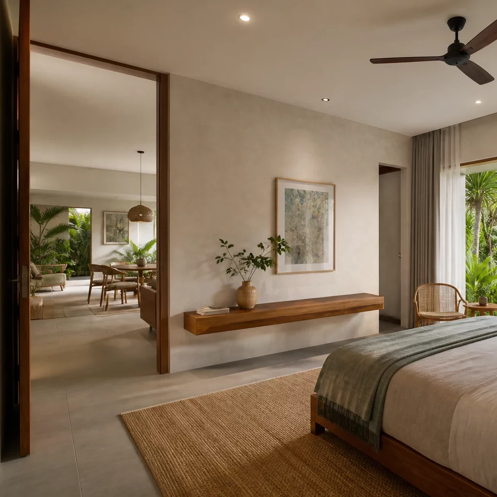 Phòng ngủ đôi hiện đại với hệ tủ lùa và ánh sáng ấm áp