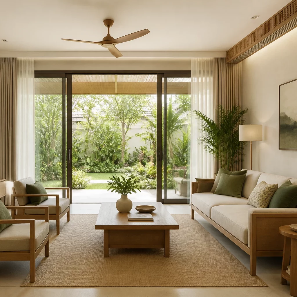Cầu thang xương cá kết nối phòng khách và gác lửng