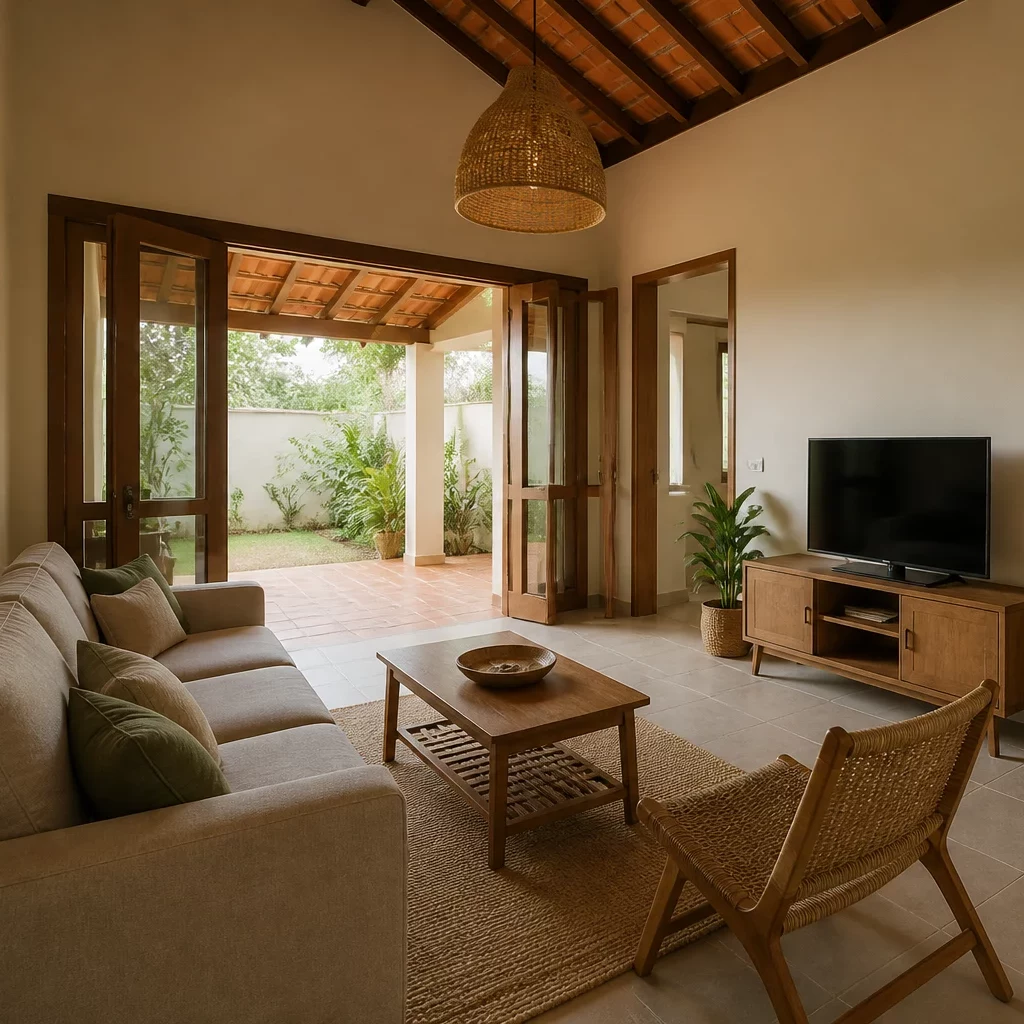 Nội thất phòng khách tropical với điểm nhấn từ cây xanh và mây tre