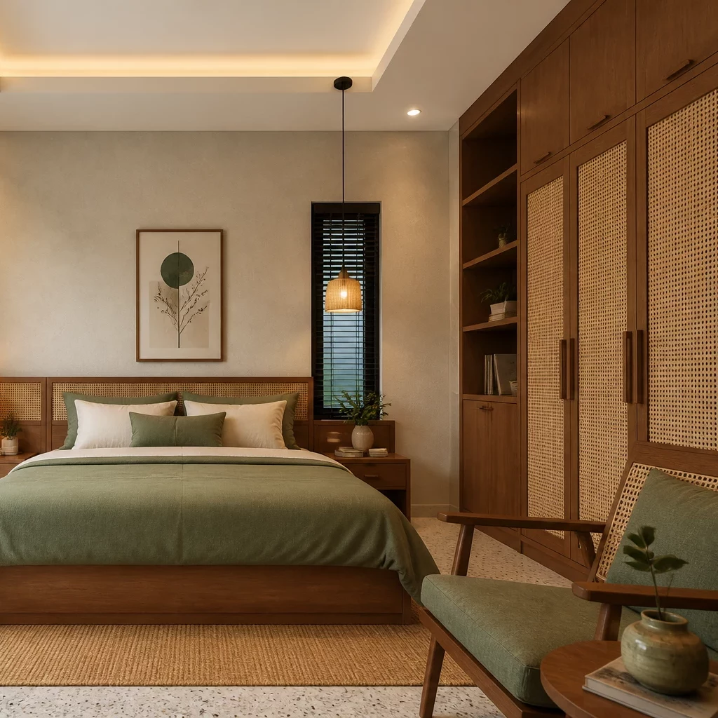 Phòng ngủ master phong cách Scandinavian với giường bọc nệm và ánh sáng tự nhiên