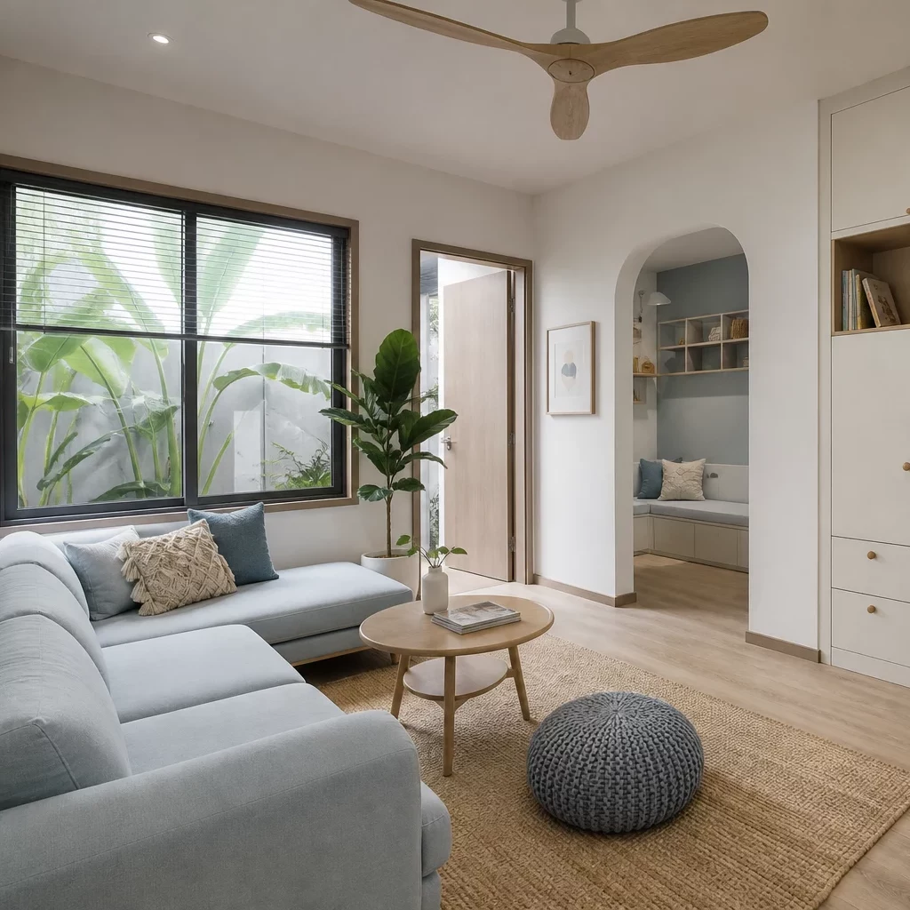Phòng ngủ phong cách Bắc Âu Scandinavian với ga trải giường linen và ánh sáng ấm