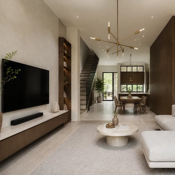 Thiết kế nội thất nhà phố — cầu thang kính kết nối phòng khách tạo điểm nhấn
