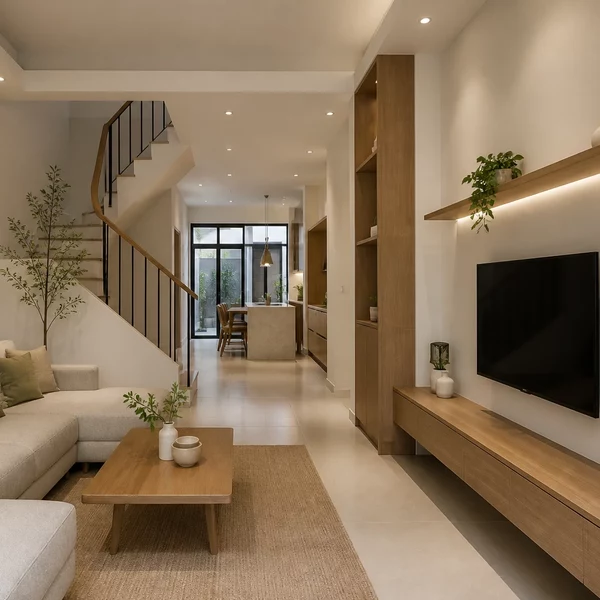 Mẫu thiết kế nội thất nhà phố tối giản — phòng khách tông trắng nội thất thấp